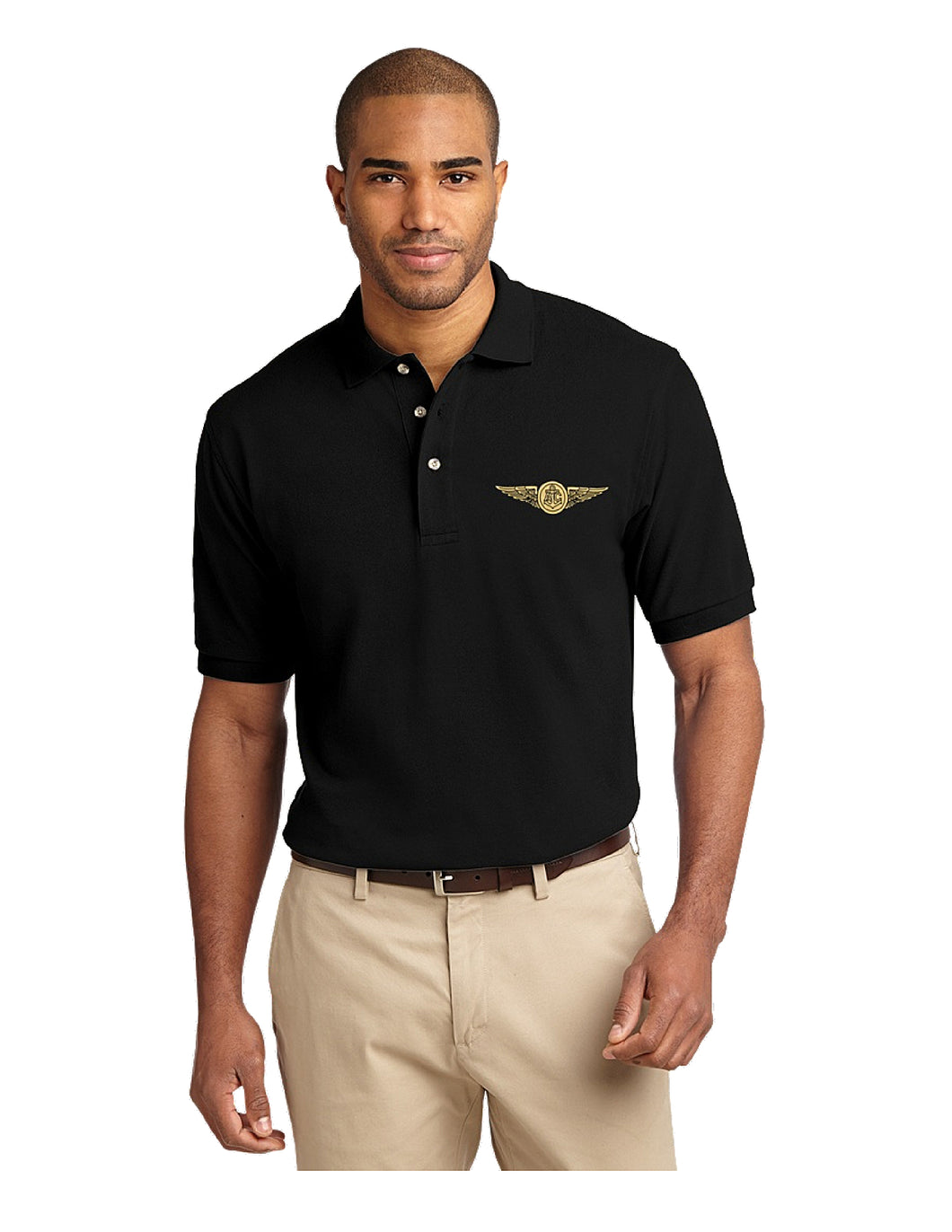 Black polo shirt with aircrew wings logo