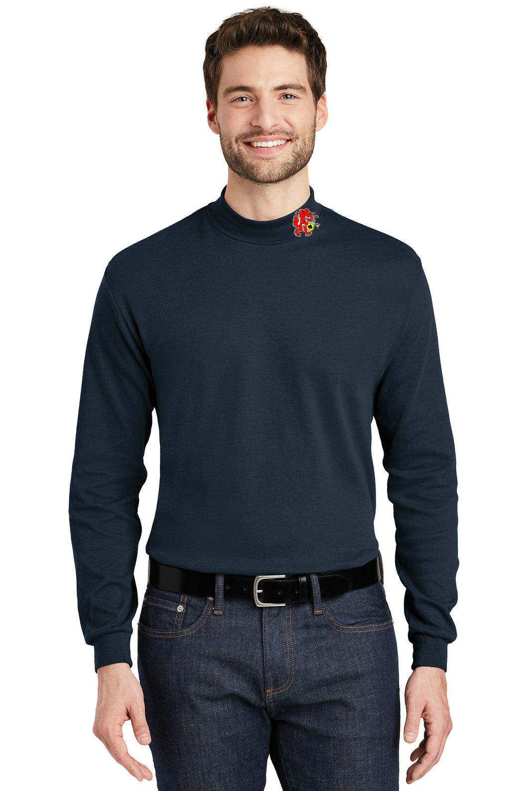 Navy mock neck shirt with Red Wolves logo on neck