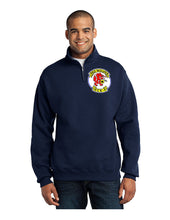 Load image into Gallery viewer, Navy quarter zip sweatshirt with HCS-4 Red Wolves logo