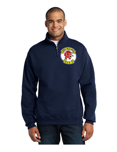 Navy quarter zip sweatshirt with HCS-4 Red Wolves logo